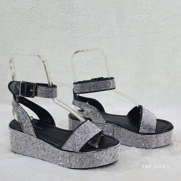 Flashy Black Silver Ankle Strap Sparkling Rhinestone Wedge 2" Platform Sandals - Picture 3 of 5